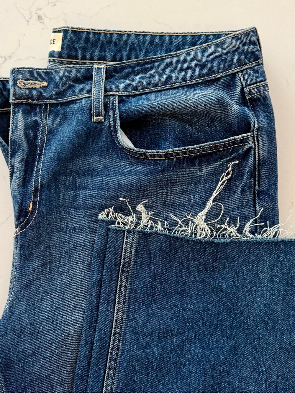 L'AGENCE Blue Denim Straight Leg Jeans with Raw Hem